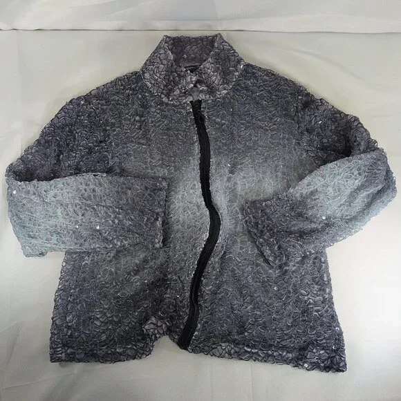 Damee Inc Jacket M Medium Women's Mesh Sequin Blue Gray Collar Sheer 3/4 Sleeve - Picture 3 of 10